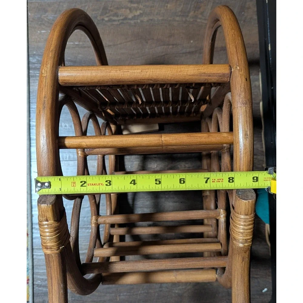 Vintage Bent-Rattan/Bamboo Six Bottle Tabletop Wine Rack With Shelf for Glasses